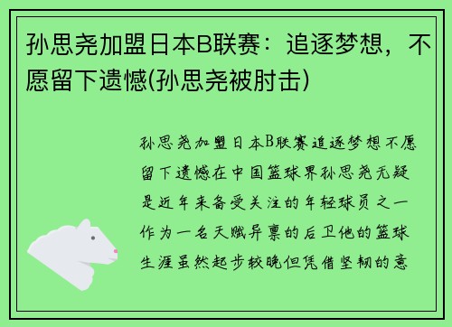 孙思尧加盟日本B联赛：追逐梦想，不愿留下遗憾(孙思尧被肘击)