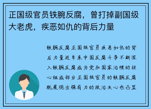 正国级官员铁腕反腐，曾打掉副国级大老虎，疾恶如仇的背后力量