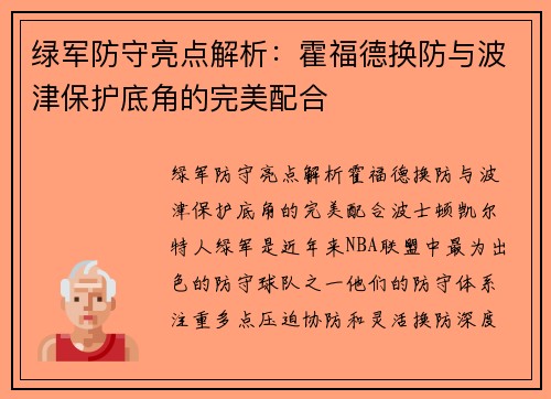 绿军防守亮点解析：霍福德换防与波津保护底角的完美配合