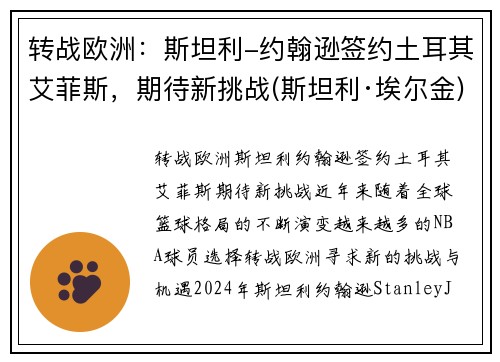 转战欧洲：斯坦利-约翰逊签约土耳其艾菲斯，期待新挑战(斯坦利·埃尔金)