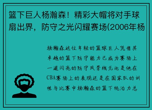 篮下巨人杨瀚森！精彩大帽将对手球扇出界，防守之光闪耀赛场(2006年杨翰)
