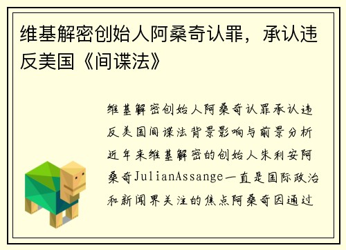 维基解密创始人阿桑奇认罪，承认违反美国《间谍法》