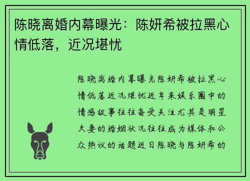 陈晓离婚内幕曝光：陈妍希被拉黑心情低落，近况堪忧
