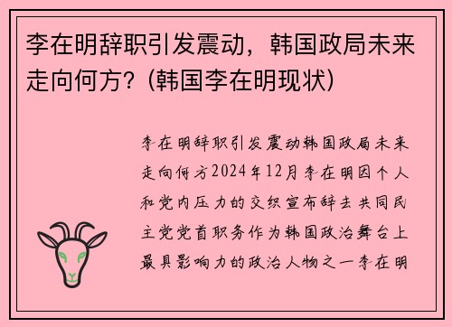 李在明辞职引发震动，韩国政局未来走向何方？(韩国李在明现状)